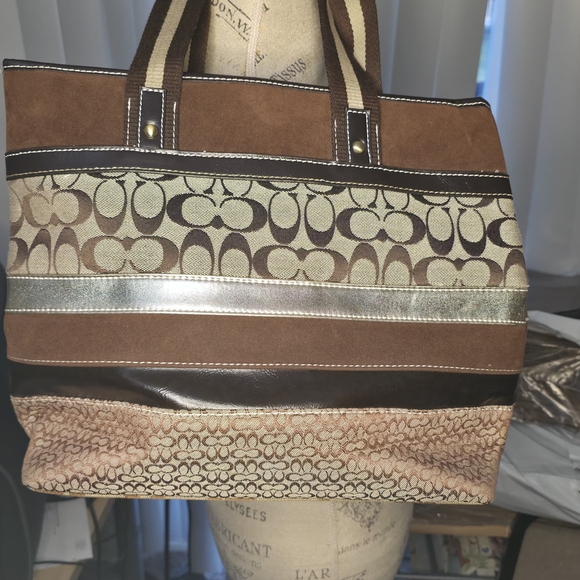 Coach Brown Signature Suede & Canvas Tote Bag - Picture 2 of 9